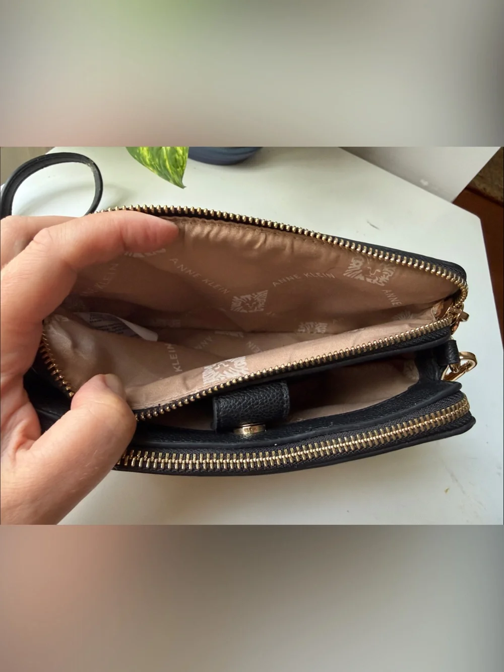 Anne Klein Gold Cork-Effect Crossbody Bag with Black Trim